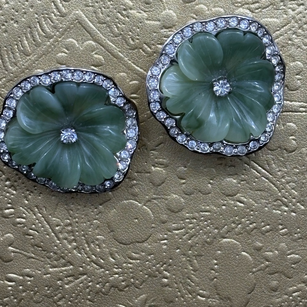 Kenneth Jay Lane Green Floral Earrings with Crystal Trim